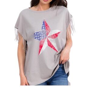 Fantastic Fawn Rhinestone Fringe Short Sleeve Graphic Top USA Star Embellished